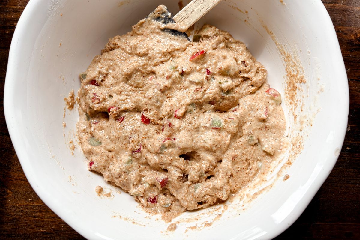 mixing up the rhubarb muffin batter